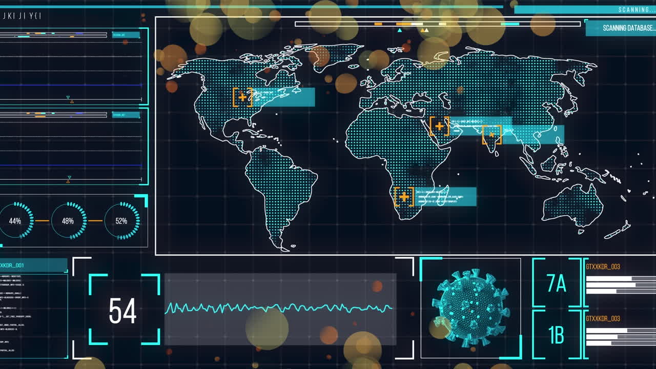 animación de la célula de covid 19 y procesamiento de datos en el mapa del mundo