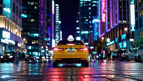 yellow taxi cab waiting on a city street at night, with colorful lights reflecting on the wet pavement, creating a vibrant and dynamic urban scene