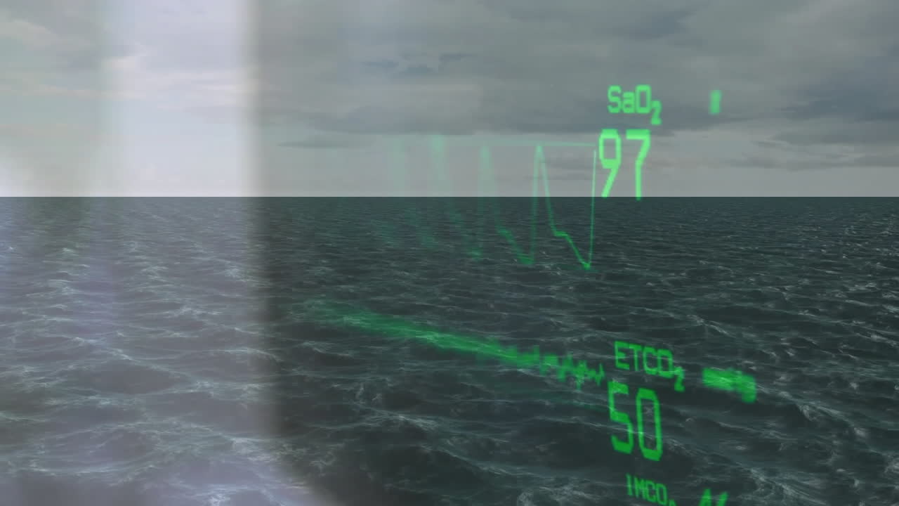 Animation of green digital data overlaying ocean waves under cloudy sky
