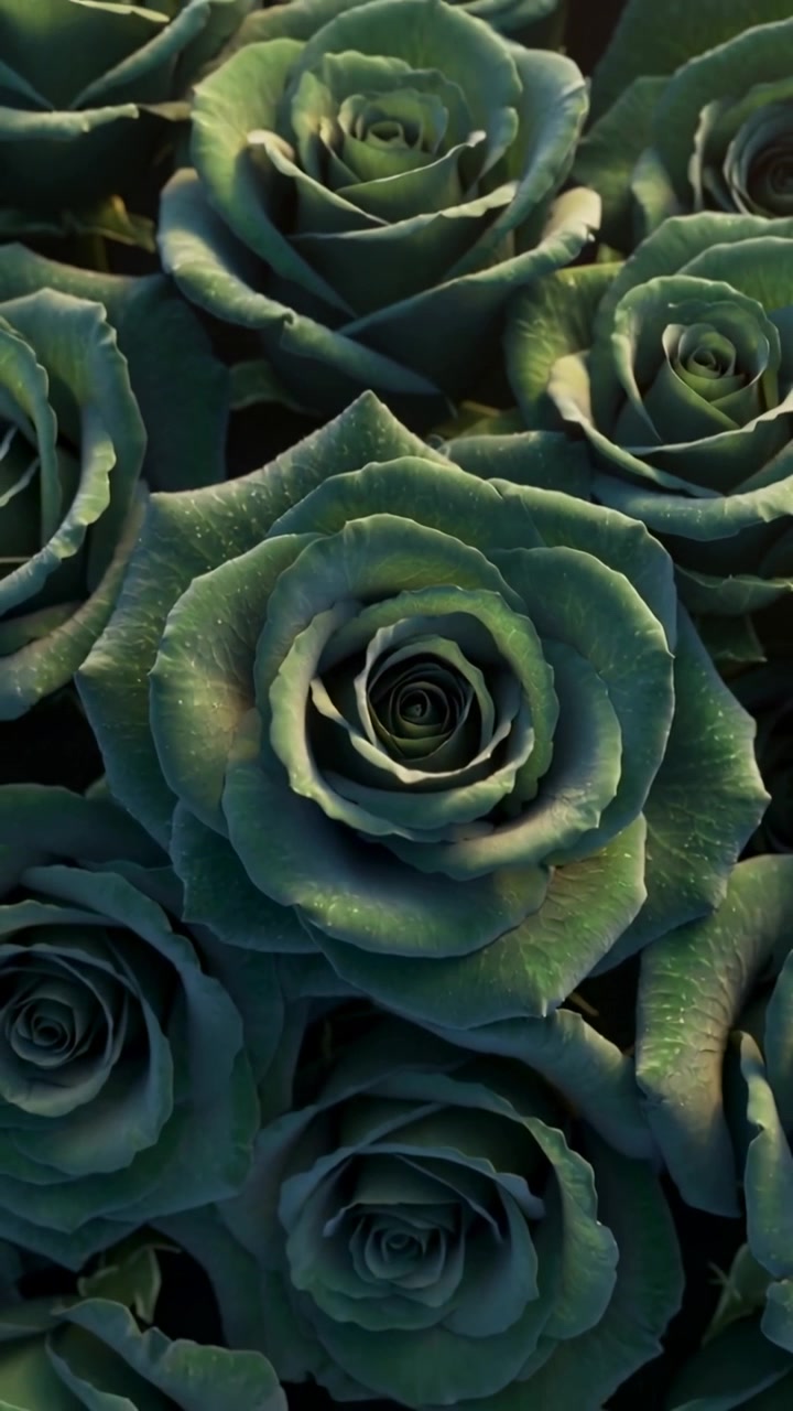 Vertical video: Pulling back camera revealing central green rose spiral in studio, showing cluster