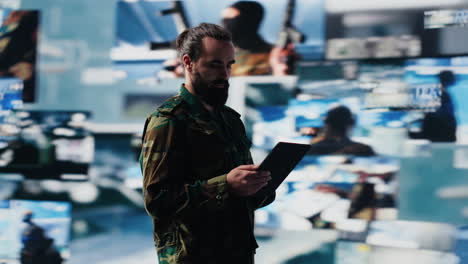 army officer working in a virtual war zone with digital tech and satellite data