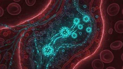 microscopic visualization of cellular structures depicting intricate interactions between blood cells and pathogens in a bloodstream environment