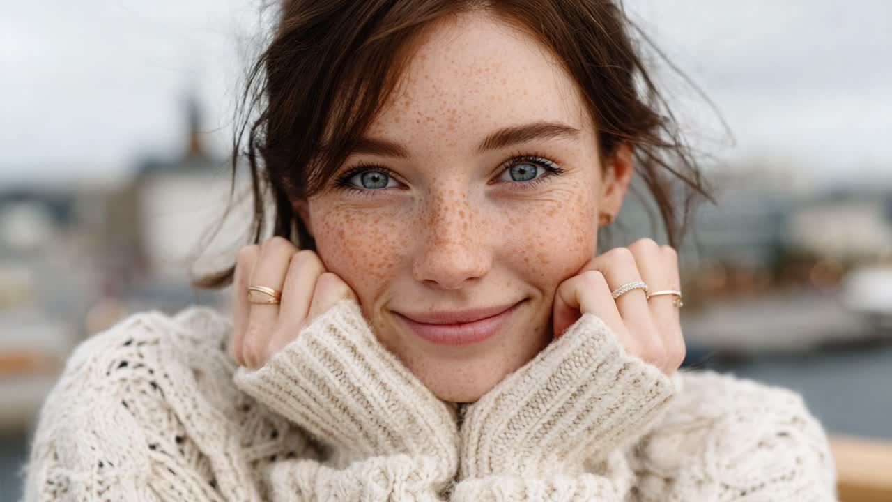 A Charming Portrait of a Joyful Young Woman in a Cozy Sweater, Showcasing Her Radiant Smile and Freckled Skin Against a Serene Outdoor Background