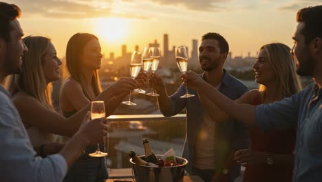 a joyful celebration at sunset: friends raising glasses in toast against a scenic city skyline, capturing the essence of happiness and togetherness