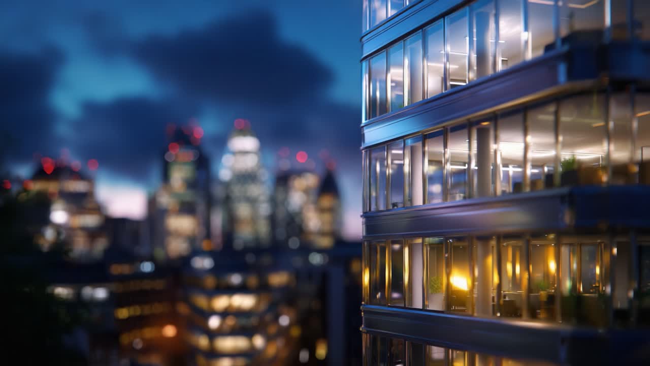 Splendido paesaggio notturno urbano con edificio moderno illuminato caratterizzato da finestre luminose su uno skyline urbano abbagliante sotto il cielo crepuscolare