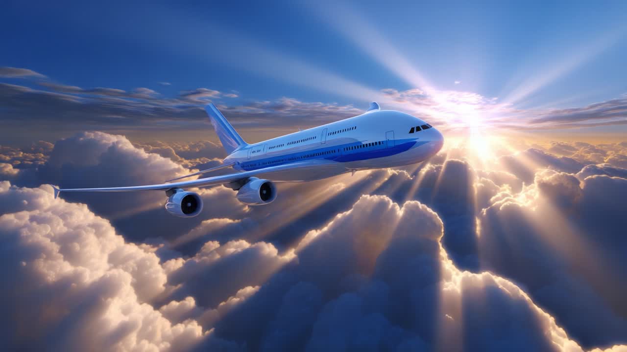 A Majestic Aircraft Gliding Through Radiant Sky Clouds as the Sun Breaks Through the Horizon, Capturing the Essence of Aviation and Freedom in a Beautiful Sunset Scene Above the World