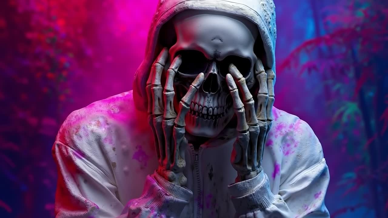 A person in a hoodie with a skull on their face
