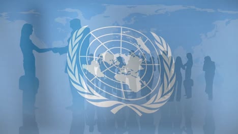 animation of united nations flag over world map and businesspeople