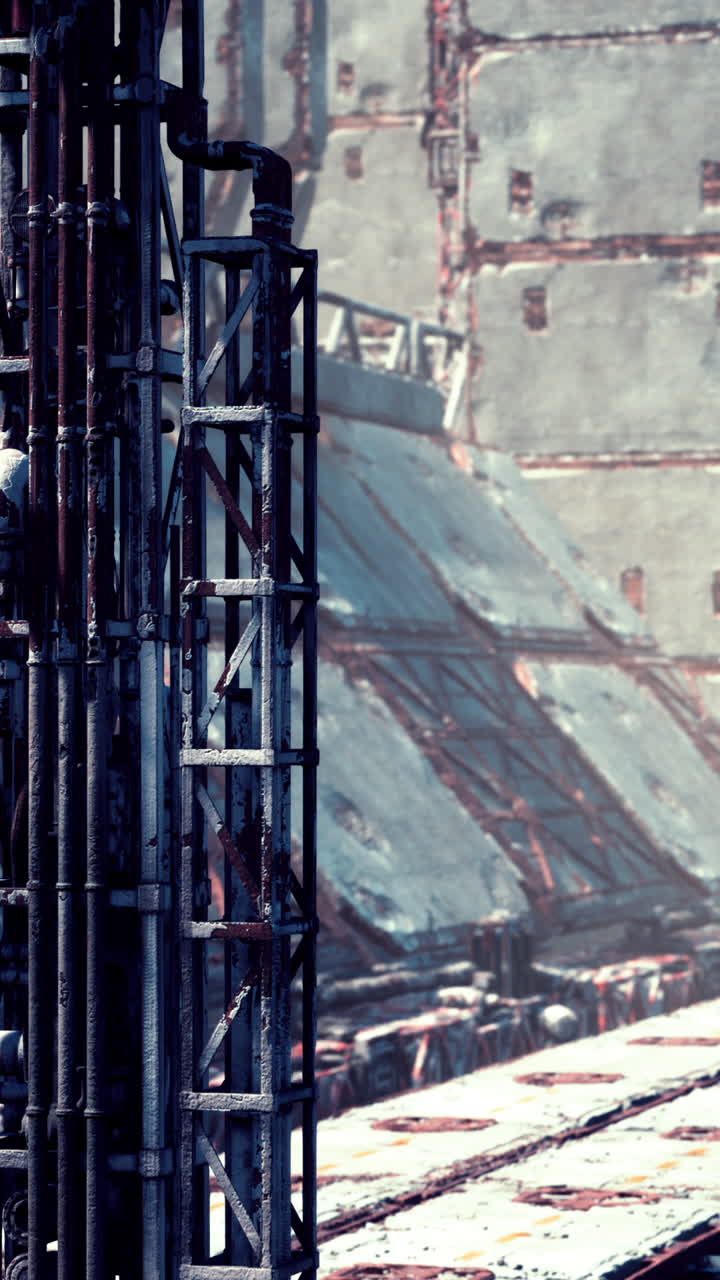 estructura industrial abandonada en un entorno post-apocalíptico