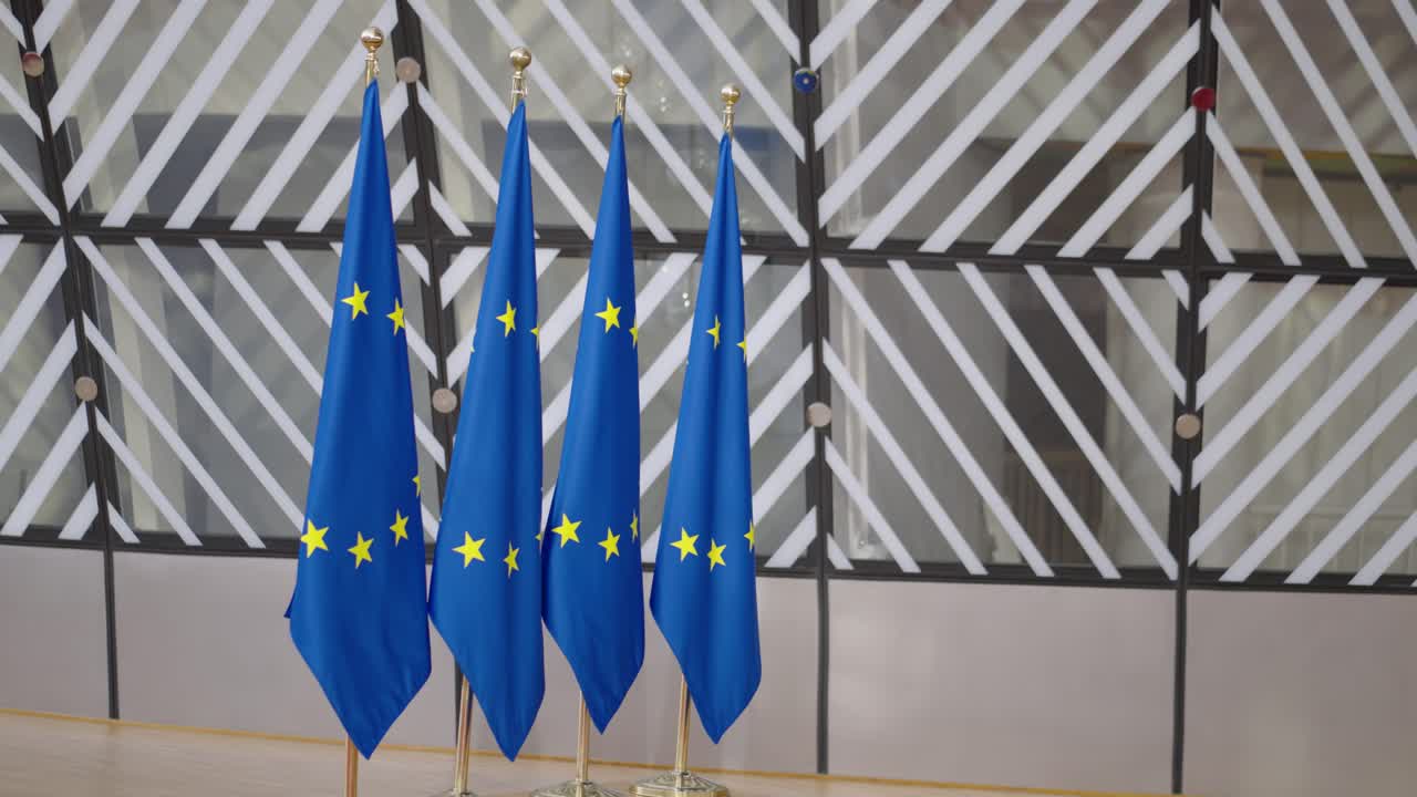 Bandiere d'Europa all'interno dell'edificio dell'UE - Ripresa panoramica cinematografica
