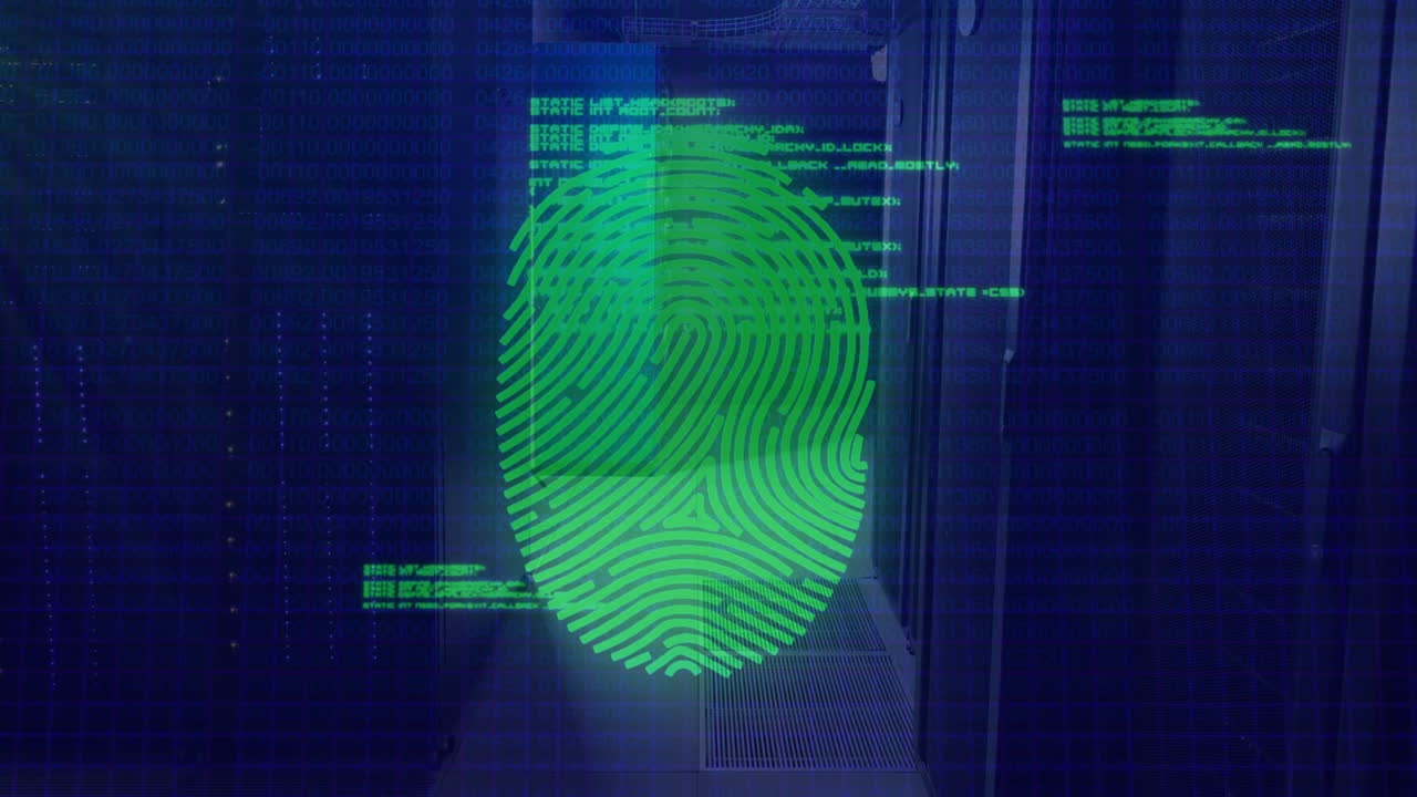 анимация обработки данных и отпечатков пальцев над серверной комнатой