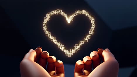 hands gently holding a glowing pixelated heart