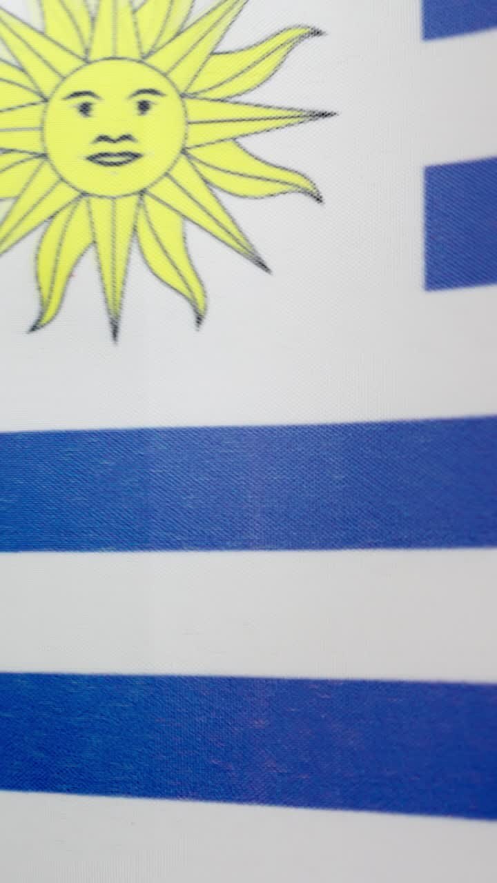 Vertical video of uruguayan national flag waving by the wind