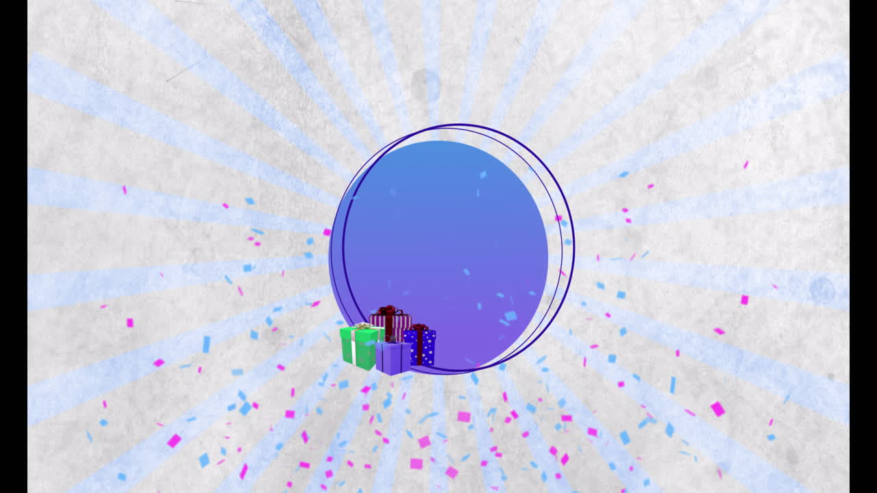Animation of confetti and present over circles and lines on white background