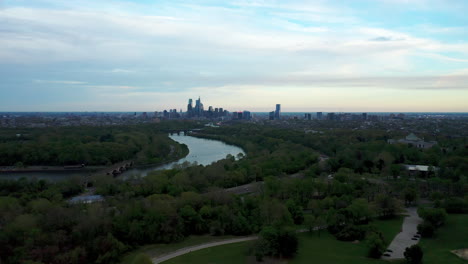 aerial drone far away view of philadelphia city skyline from belmont plateau including schuylkill river and west philadelphia