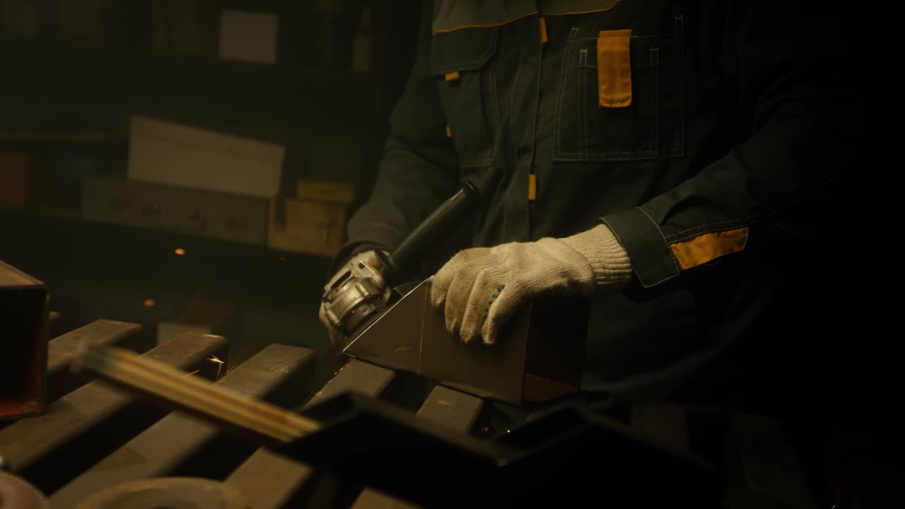 鉄を磨く労働者 重工業工場の内部 い火花をたくさん持つ角度磨き機を使用する労働者 工場で鋼管を磨く電気ホイール スローモーション 4kビデオ 赤色で撮影