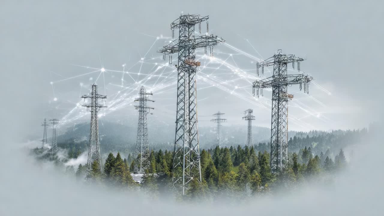 A Visual Representation of Electric Power Transmission: High Voltage Power Lines Across Lush Forests, Showcasing Technological Connectivity and Infrastructure in Nature