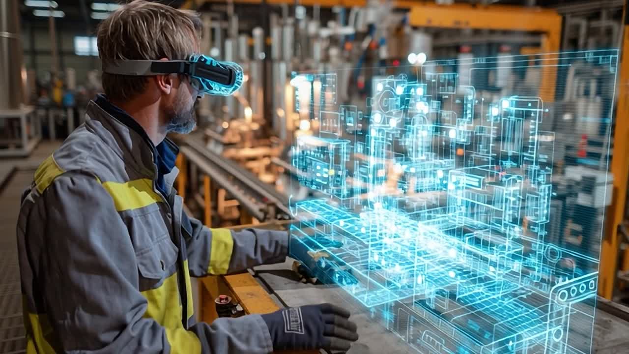 Worker uses augmented reality technology in a manufacturing facility