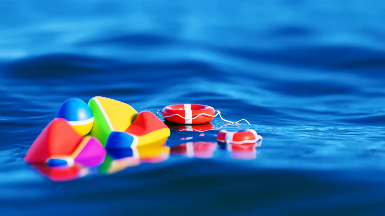 Colorful Buoys Floating On Water Vibrant Small Buoy Cluster And Lifebuoy Ring Drifting On Deep Blue Sea,