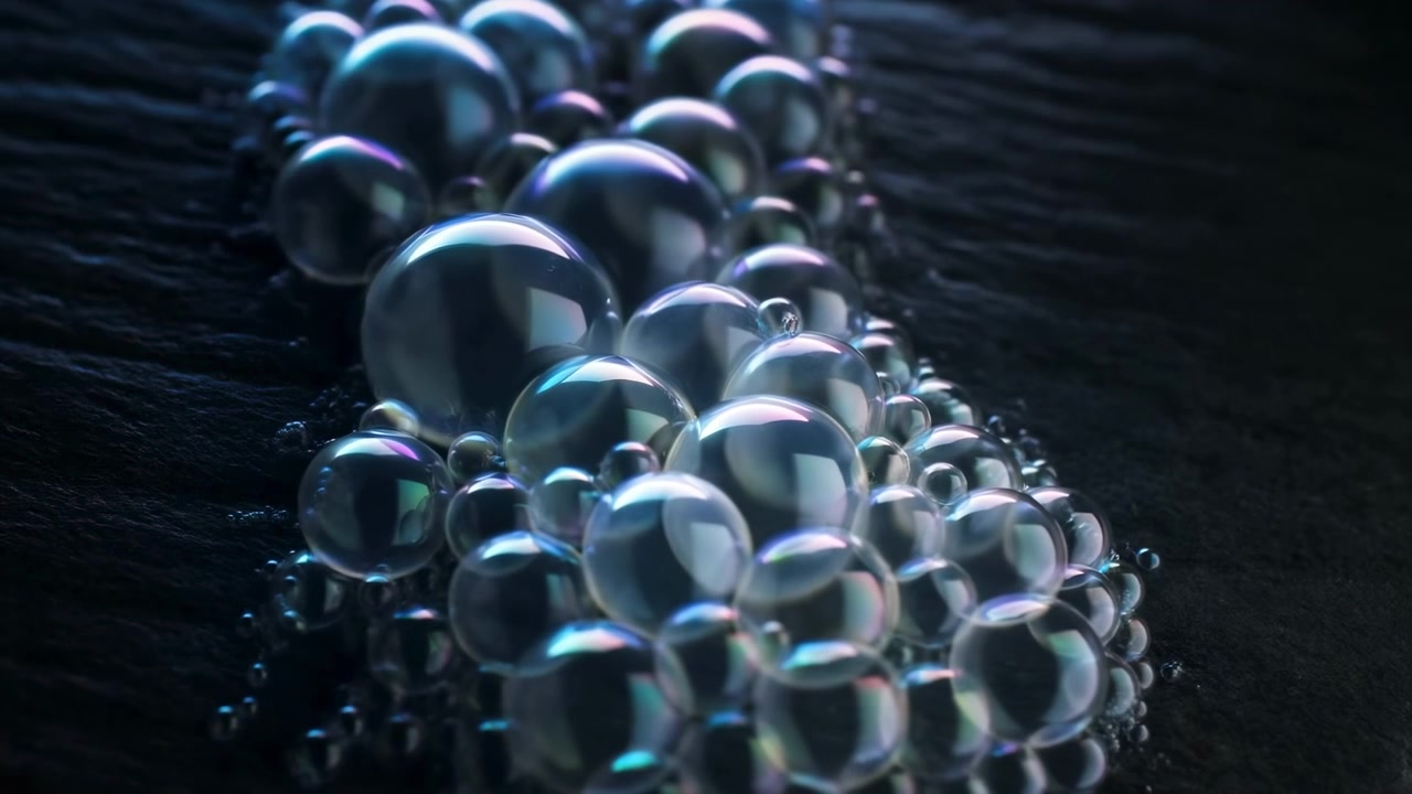 Close-up diagonal view of clustered transparent spheres of varying sizes resting and partially lifting from rough rippled dark substrate