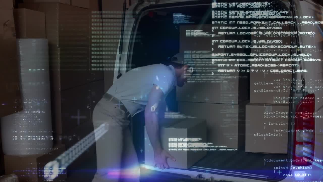 Animation af databehandling over en smilende leveringsmand