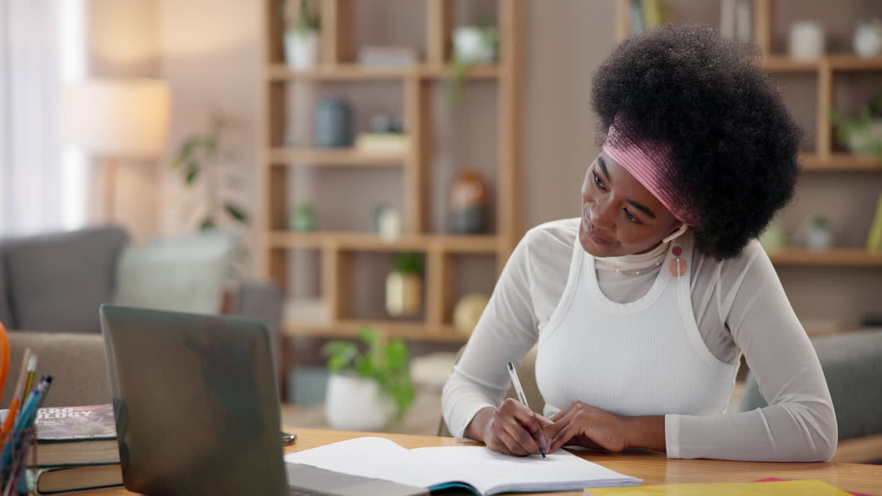Smiling woman studying at her desk