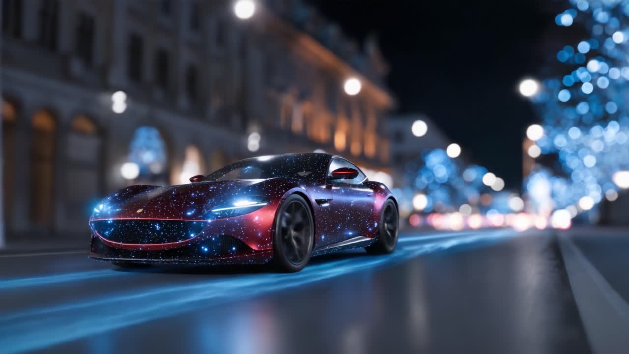 Un'auto futuristica decorata con un motivo stellato cosmico percorre una vivace strada cittadina, illuminata da luci brillanti e ornata da tonalità blu acceso di notte