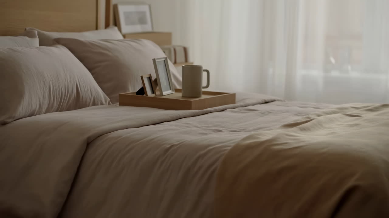 Interno sereno di una camera da letto con vassoio, tazza e cornici sul letto