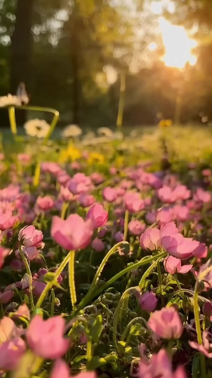 Video da angolazione bassa di fiori rosa in un prato illuminato dal sole, che cattura un'atmosfera serena e naturale