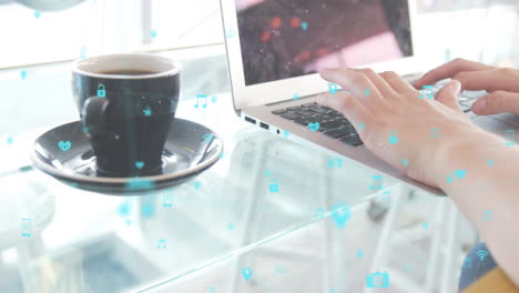 animation of data processing and networks over woman using laptop