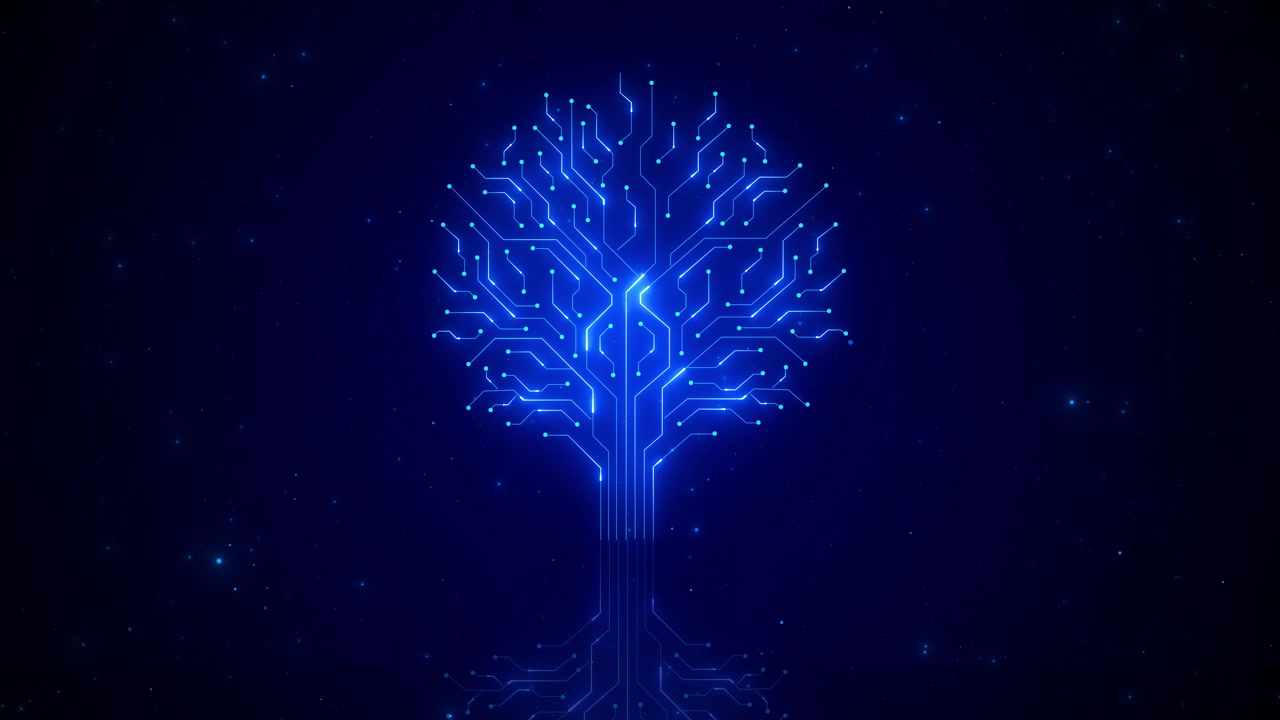 Blue circuit tree background glowing branches nodes star space futuristic technology style ai videos