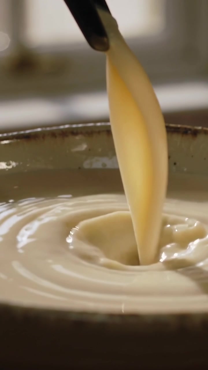 Vertical video: Tipping dark spout pouring sauce into speckled bowl at home to create center swirl