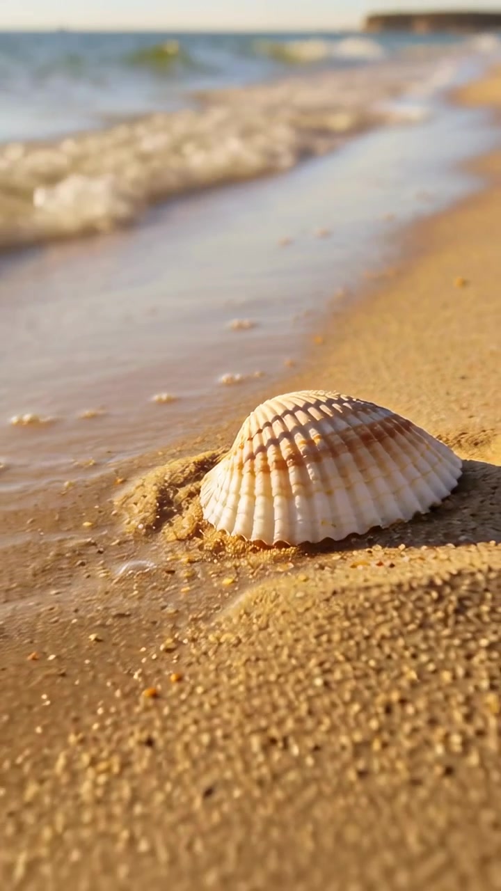 Vertical video: Lapping waves washing scallop shell on shore as tide receding exposing second shell
