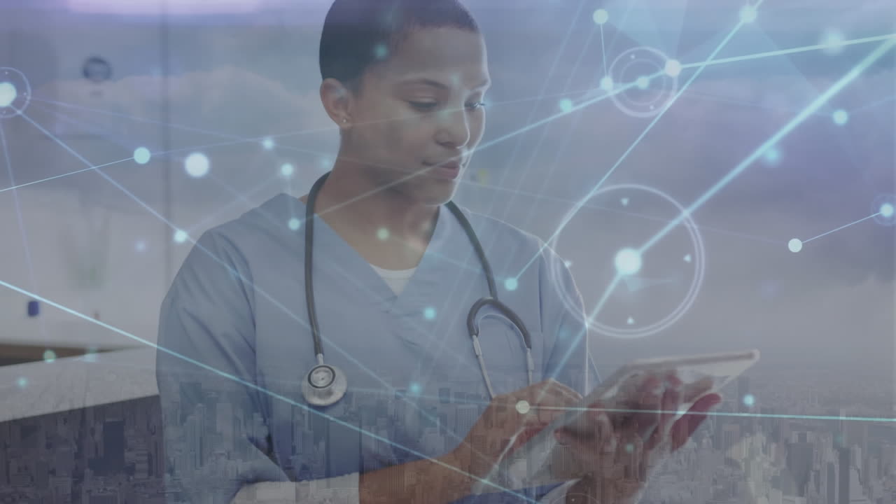 Animation of biracial female doctor over network of connections