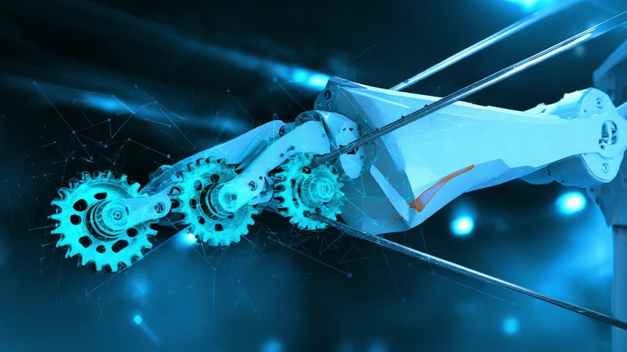 Futuristic robotic arm with glowing blue gears in motion against a dark high tech background, overlaid with a digital network to evoke AI, automation and industrial innovation