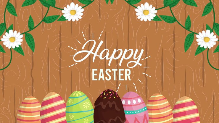 happy easter animated card with eggs painted and flowers