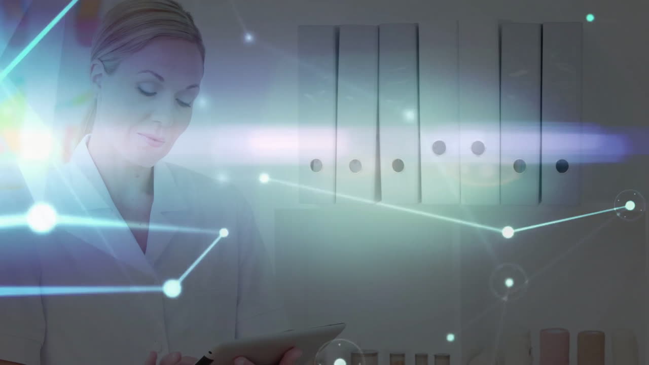 Female scientist studying tablet in clinical lab with binders, visualizing data with glowing nodes