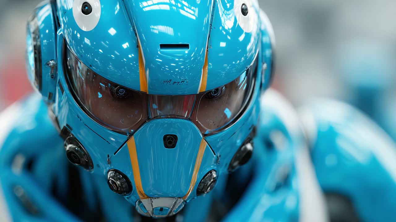 A Showcase of Advanced Robotics: Close-Up of a Futuristic Blue Robot with Dynamic Detailing and Intricate Features, Highlighting Cutting-Edge Technology Development