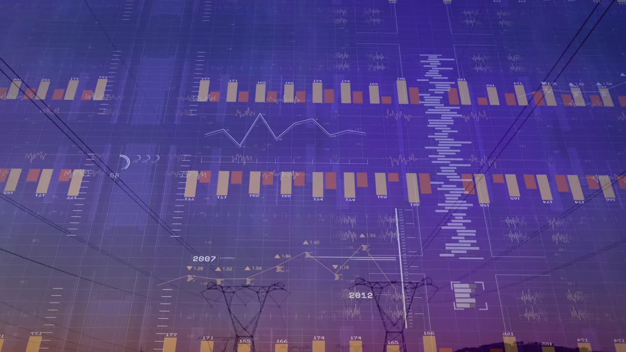 animación del procesamiento de datos financieros sobre torres eléctricas y paisaje