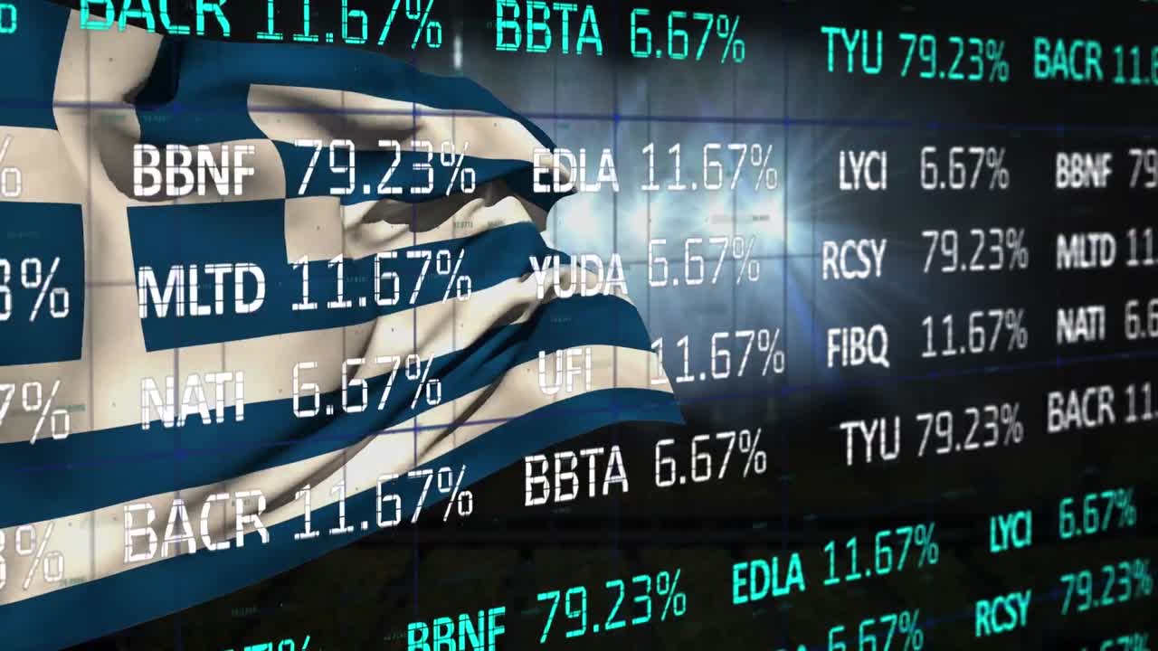 animación del procesamiento de datos financieros sobre la bandera de grecia y los reflectores en el estadio deportivo
