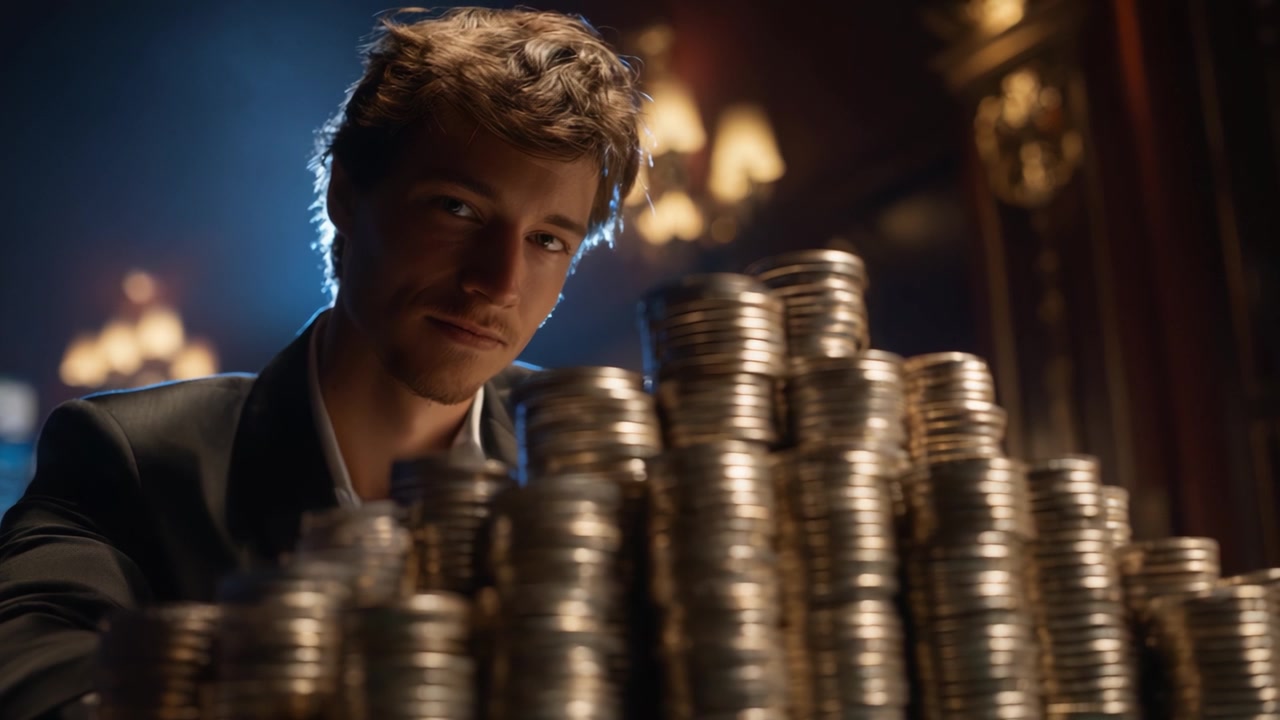 A confident individual showcasing a towering stack of coins, embodying the essence of wealth and ambition in a luxurious ambiance, under soft lighting effects.