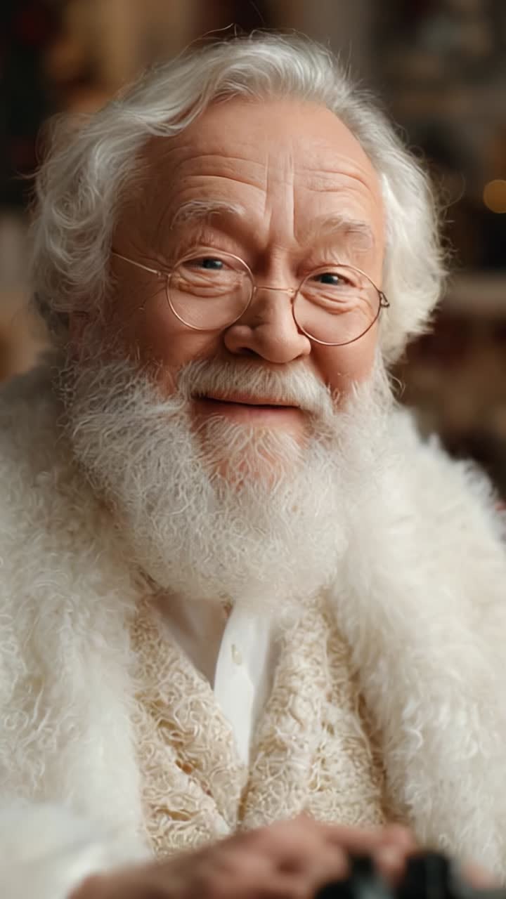 Elderly Man with White Beard and Glasses Smiling Joyfully, Radiating Warmth and Kindness in a Cozy Atmosphere, Perfect for Evoking Feelings of Happiness and Nostalgia