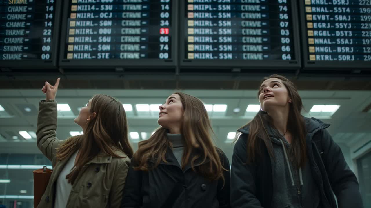 Panel de salidas actualizándose, tres mujeres con abrigos señalando y revisando la información de la puerta en la terminal.