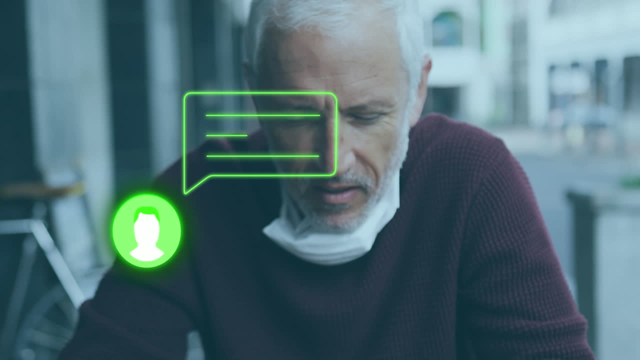 Animation of profile, message icon over caucasian senior man with mask using phone at outdoor cafes