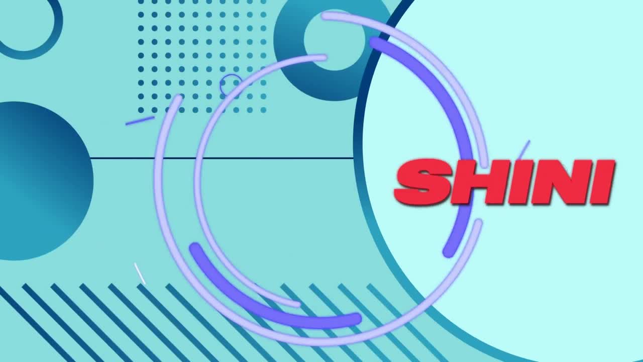 보라색 눈과 기하학적 파란색 모양 위에 원을 가진 빨간색으로 빛나는 텍스트의 애니메이션