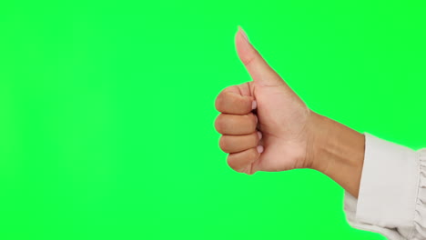 woman, hands and thumbs up on green screen