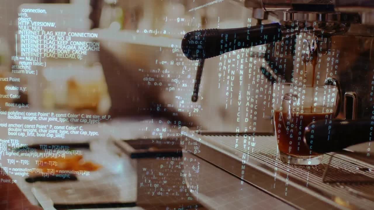 프로그램 코드 와 커피 기계 에 있는 커피 한 잔