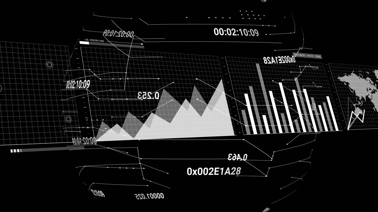 Animation of financial data processing and globe over black background