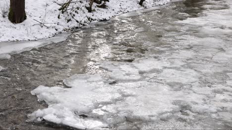 Wasser-Fließt-Im-Gefrorenen-Bach,-Eis