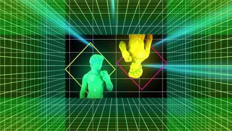animación de rayos de luz y estatuas clásicas que cambian de color sobre rejillas rosas en negro